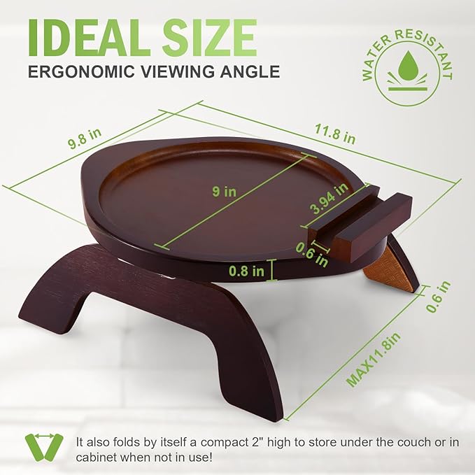 Couch Arm Tray Table,Bamboo Sofa Side Tables Clip-on Couch with 360° Phone Holder,Foldable Sofa Armrest Tray for Eating,Drink, Snacks, Coffee, TV,Remote