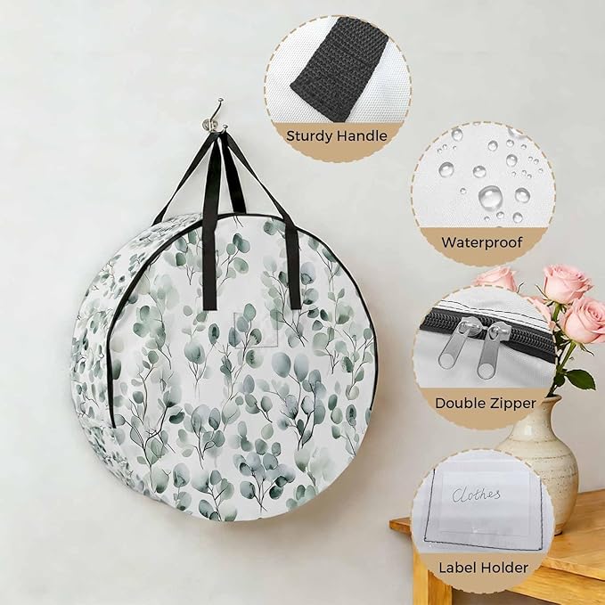 Spring Sage Round Storage Bag 36 Inch, Green Eucalyptus Plant Leaf Clothes Storage Container with Handles Heavy Duty Organizer for Comforter, Bedding & Holiday Wreaths