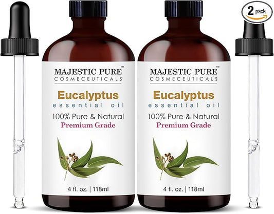 Majestic Pure Essential Oil with Glass Dropper - 100% Pure and Natural - Essential Oils for Diffuser, Aromatherapy, Soap and Candle Making, Eucalyptus Essential Oil, Eucalyptus Oil, 4 Fl Oz Pack of 2