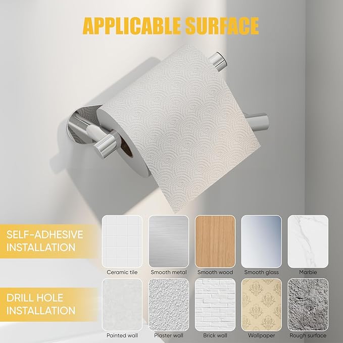 BESy Adhesive or Screw Toilet Paper Holder Wall Mount Rustproof Modern Roll Holder Flexible Pivoting Adjustable Tissue Handle with Self Adhesive or Mounted with Screws Stainless Steel Polished Chrome