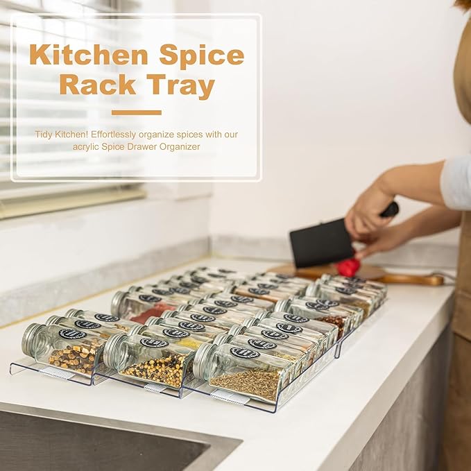 10-Pack Adjustable Spice Drawer Organizer, Expandable Seasoning Rack Tray (13" to 26"), Acrylic Spice Drawers Insert with Anti-Slip Mat, for Kitchen Cabinet (Jars not included)