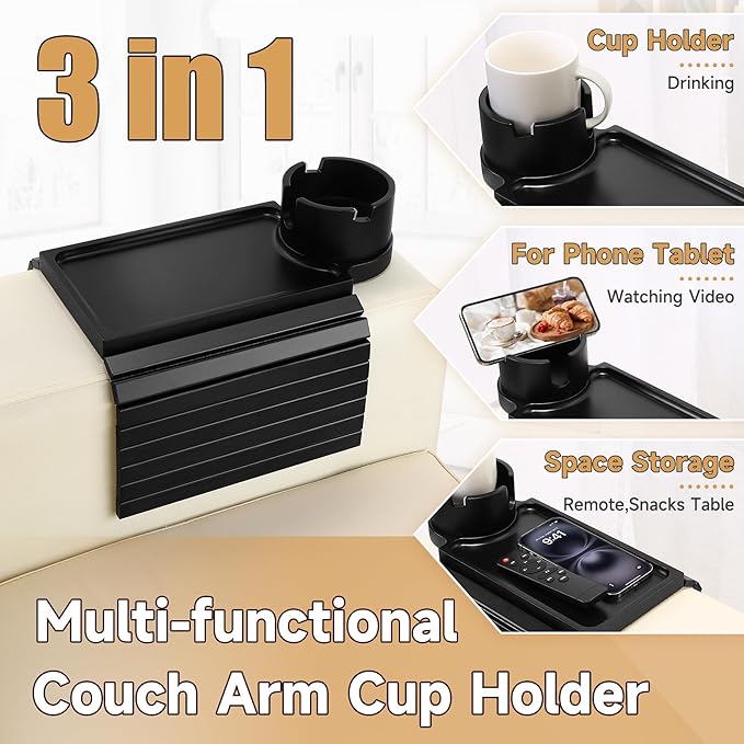 SINWANT Couch Cup Holder Tray,Foldable Sofa Arm Clip on Tray Table with 360° Rotation Cup Holder,Bamboo Anti-Slip Couch Armrest Table for Coffee Cup,Water Bottles,Mug,Snacks,Remote on Large Armrest