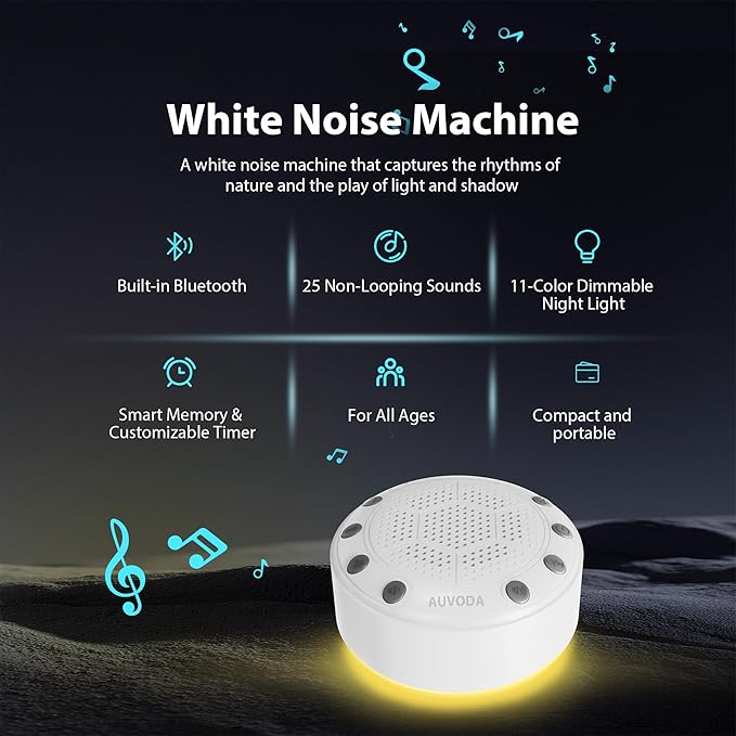 S318 White Noise Machine, Portable Sound Machine for Sleep with Bluetooth, 25 Non-Looping Sounds, 11-Color Night Light, Memory & Timer, USB-C Powered, for Baby Kids Adults Home Office Travel