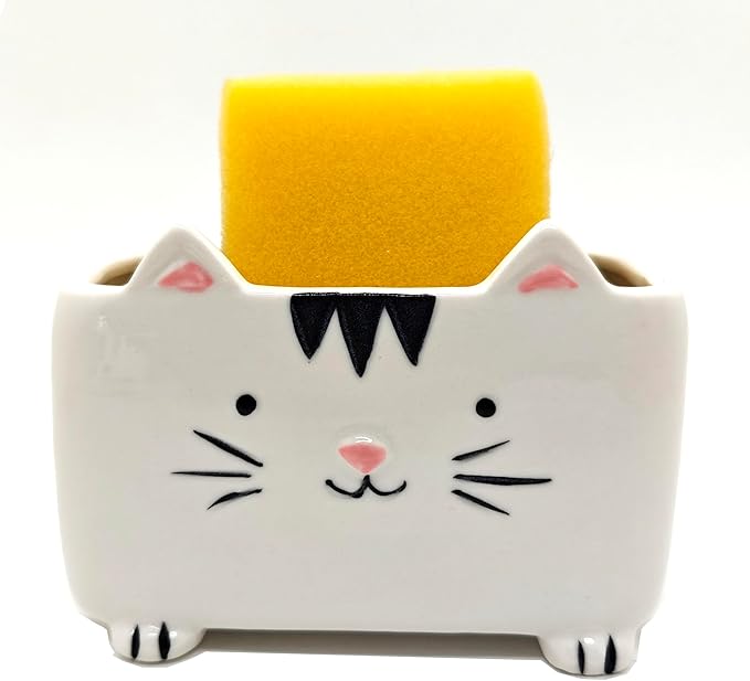 Cat Sponge Holder Ceramic Cat Soap Holder Cute Cat Decor Kitchen Accessories Cat Home Decor Ceramic Kitchen Sponge Holder Cat Gifts Ideal Gifts for Women Birthdays Valentines Day Gifts
