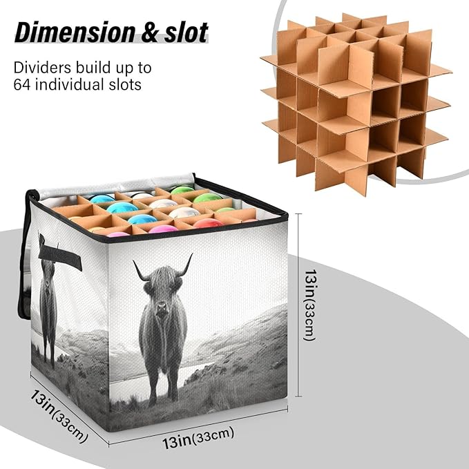 Kigai Highland Cow Christmas Ornament Storage Box with Zipper & Adjustable Dividers Holiday Ornament Organizer Xmas Storage Container, 64 Balls