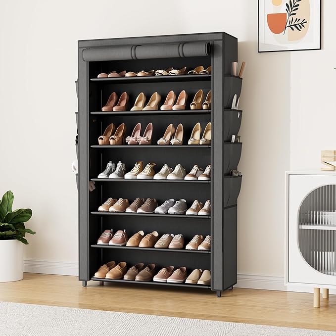 VILICK Shoe Rack with Cover, 7 Tier Shoe Organizer Storage for 32-40 Pair Shoes and Boots Large Shoe Storage Shelf Space Saving Vertical Shoe Rack for Closet, Front Door Entrance, Dorm, Garage