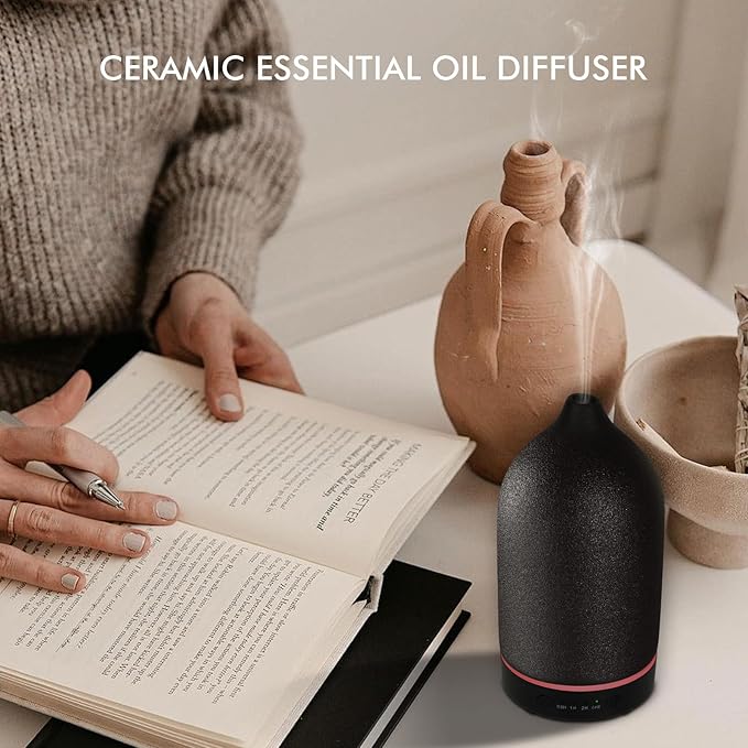 Essential Oil Diffuser Ceramic Diffuser -Aromatherapy Diffuser for Essential Oils with Timer and 7 Colors LED Light Ultrasonic Diffuser with Auto Shut-Off, Home Office Decor&Gift (Black-150ml)