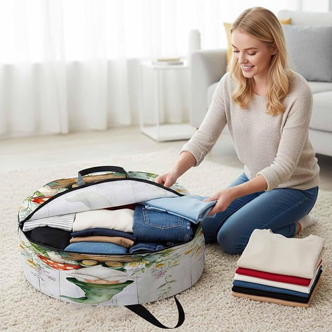 Spring Round Storage Bag 30 Inch, Country Green Gnome Mushroom Floral Retro Wood Grain Clothes Storage Container with Handles Heavy Duty Organizer for Comforter, Bedding & Holiday Wreaths