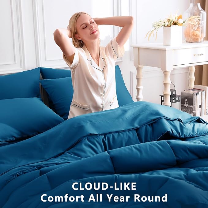 CozyLux Queen Comforter Set Teal, 7 Pieces Bed in a Bag, Teal Comforters Queen Size, All Season Bedding Sets with Stitch Quilted Comforter, Flat Sheet, Fitted Sheet, Pillowcases
