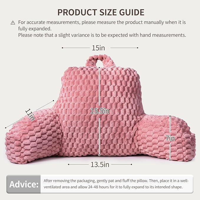 Faux Fur Reading Pillow for Bed Adults, Ultra Soft Plush Floor Backrest Pillow with Side Pockets for Bed & Couch, Perfect for Reading, Watching TV, Gaming, Relaxing, Pink