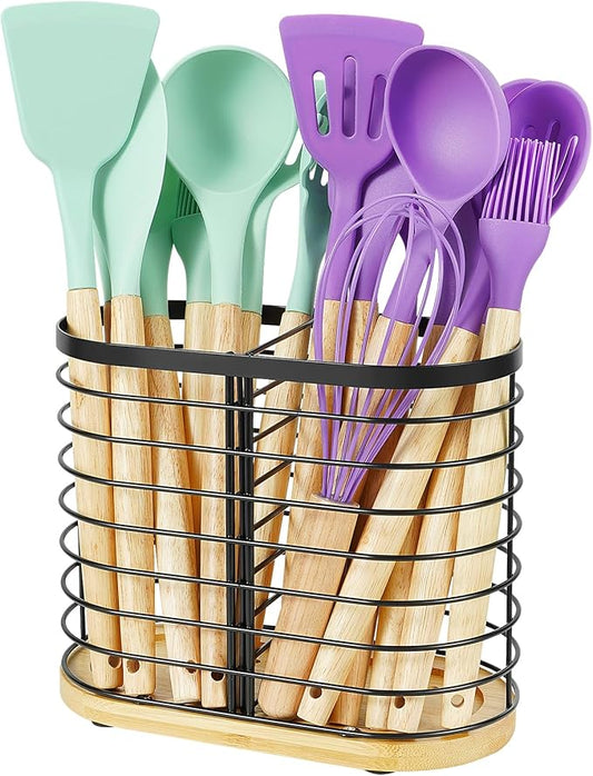 Utensil holder for Kitchen Counter- Large Utensils Holder For Farmhouse Cooking 8.7" x 4.3" x 6.9" with Wooden Base Matte Black Cooking Utensil Holder Spatula Holder Utensil Caddy