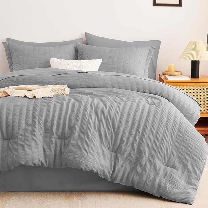 CozyLux King Size Comforter Set Grey Seersucker 7 Pieces Bed in a Bag King Comforter Set with Sheets, Gray Luxury Soft Bedding Sets with Down Alternative Comforter, Sheets, Pillowcases & Shams