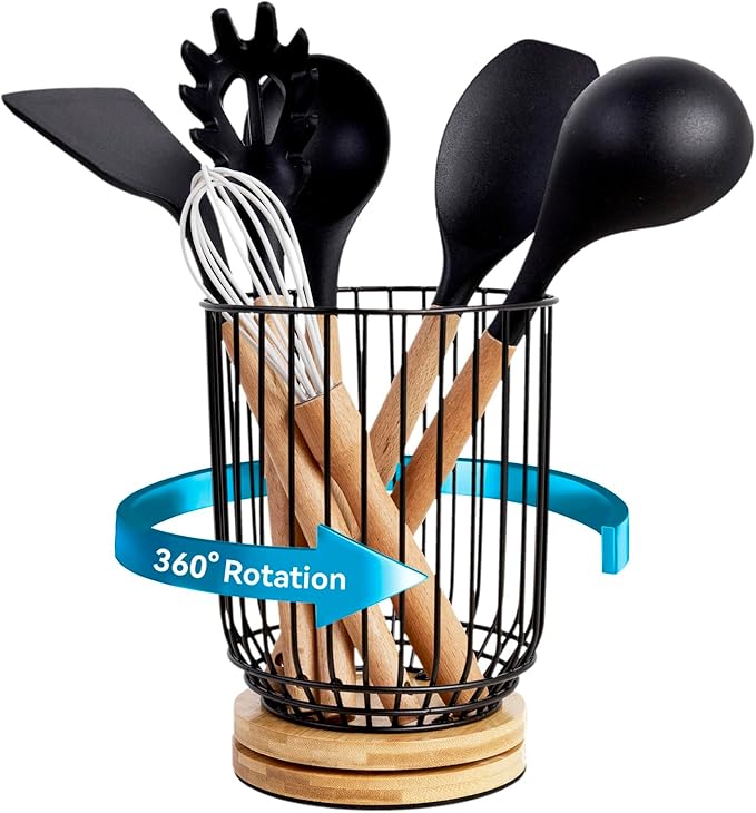 WDT Tool Utensil holder for Kitchen Counter，Large Utensils Holder For Farmhouse Cooking, Utensil Caddy Spatula Holder (Rotating+Metal+Bamboo-1)