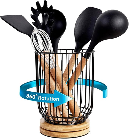 WDT Tool Utensil holder for Kitchen Counter，Large Utensils Holder For Farmhouse Cooking, Utensil Caddy Spatula Holder (Rotating+Metal+Bamboo-1)