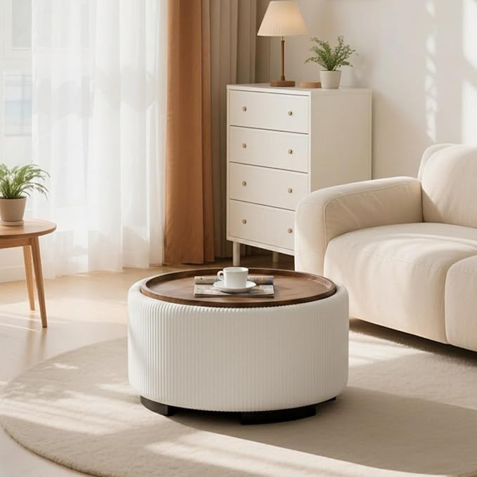 29.5 Inch Round Storage Ottoman Coffee Table,Modern Circle Coffee Table with Storage with Removable Lid Top and Solid Wood Legs,Large Round Ottoman for Bedroom,Living Room,Velvet,Beige