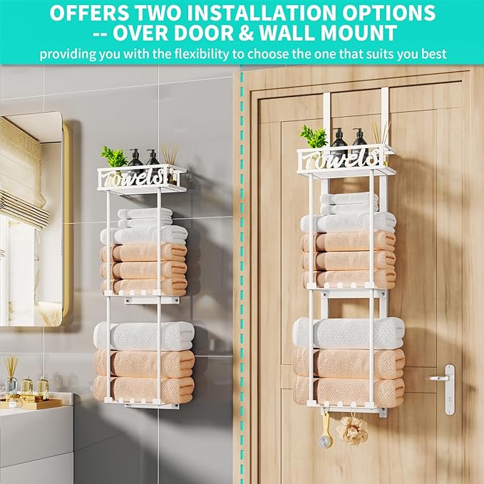 HapiRm Towel Rack Bathroom Storage - 3 Tier Over The Door & Wall Mounted Rolled Towel Racks Holder Organizer with Metal Shelf and 6 Hooks for Small Bathroom, Camper, Rv - White