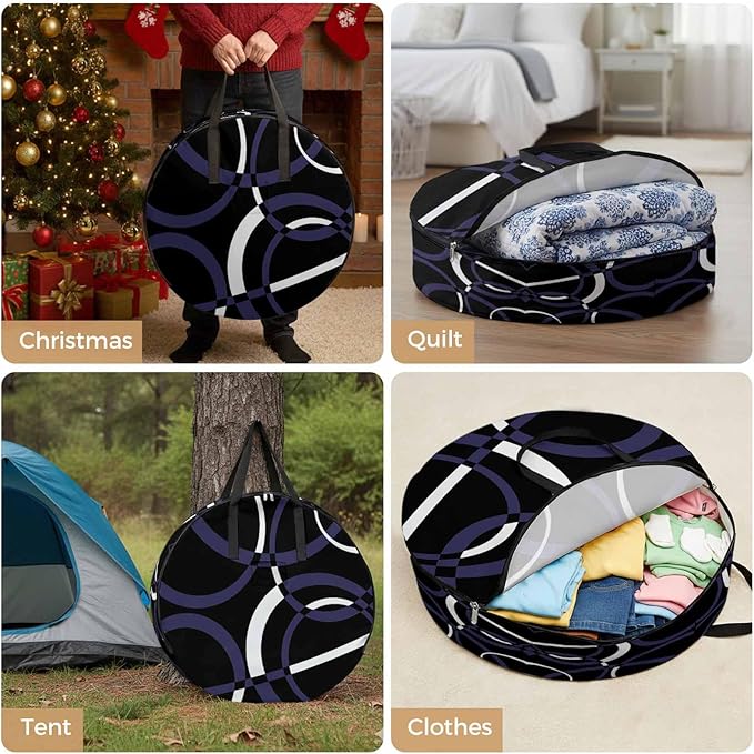 Storage Bag Blue Black Geometric Circle Round Storage Totes Bins Closet Organizers with Zippers & Handle Modern Abstract Lines Clothes Storage Container for Bedroom Dorm Space Saving Packing Supplies