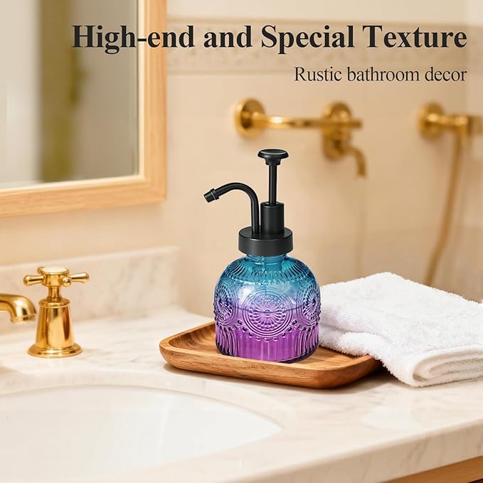SheeChung Vintage Soap Dispenser, Kitchen Dish Soap Dispensers with Pump Mat, Glass Hand Soap Dispenser for Bathroom, Liquid, Lotion, Refillable, Rustic Farmhouse Decor-Purple Blue (Black Pump, 1 pk)