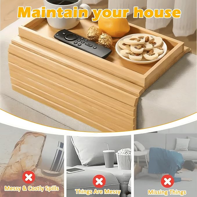 Foldable Bamboo Couch Arm Tray with Detachable Couch Cup Holder– Sofa Armrest Table for Remote, Snacks, Phone – Portable Armrest Caddy Tray for Sofa, Recliner, or Armchair