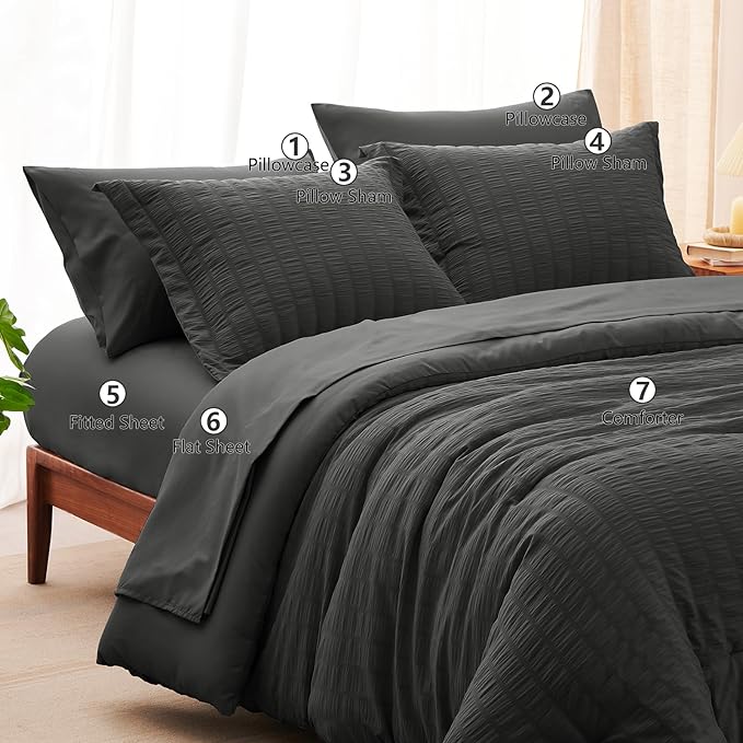 CozyLux Oversized King Comforter Set Dark Grey Seersucker 7 Pieces 120x98 Bed in a Bag Comforter Set with Sheets, Dark Gray Luxury Bedding Sets Down Alternative Comforter, Sheets, Pillowcases & Shams