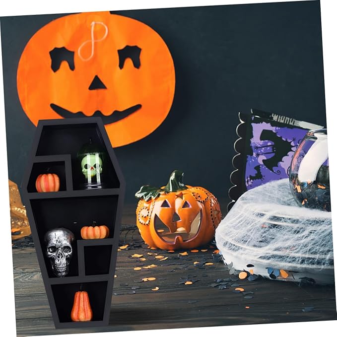 VICASKY Spooky Coffin Shelf Gothic Sundries Rack for Halloween Decor Lightweight Compartment Display for Candles Books and Figurines Unique Prank Haunted House Prop