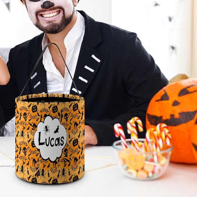Personalized Halloween Trick or Treat Candy Bag with Name Custom Text Party Tote Bucket Halloween Candy Basket Gift (Bag-1)