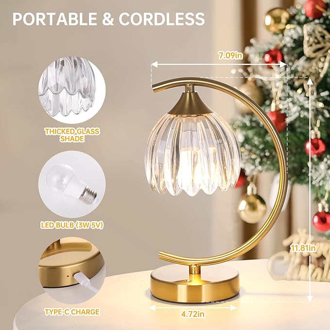 Shenmoyl Tulip Table Lamp, 5200mAh Cordless Touch Control Table Lamp with 3 Color Temps & Stepless Dimming, Rechargeable Battery Table Lamp for Living Room, Bedroom, Office, Shelf (Transparent Tulip)