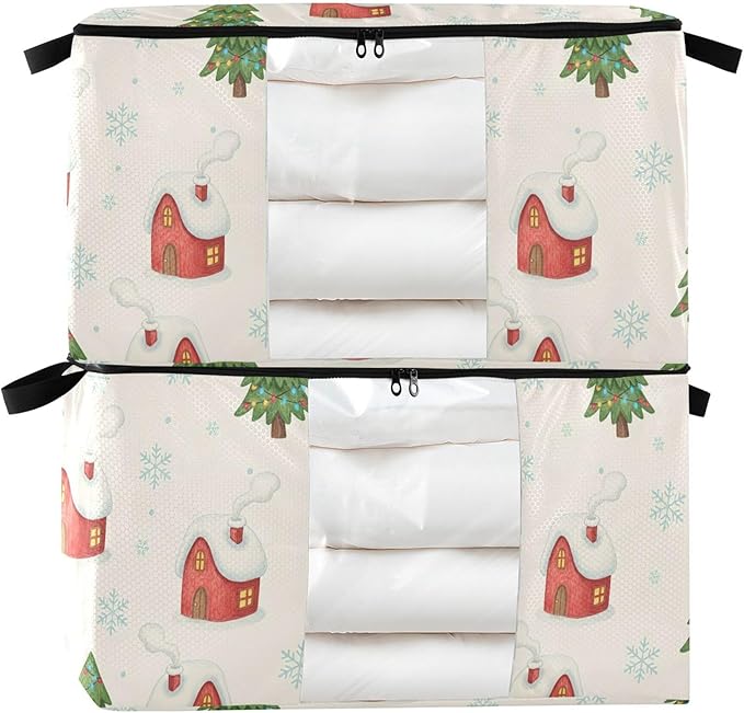 Burbuja 2 Pack Storage Bag Organizer with Handles for Clothes, Blankets, Bedding, Winter House Tree Foldable Storage Bag with Zipper & Clear Window, 95L