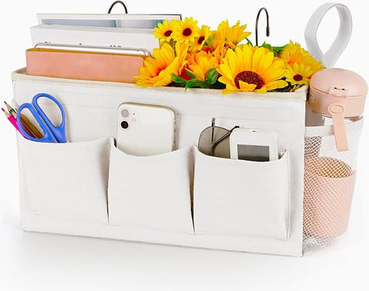 Loghot Bedside Caddy/Bedside Storage Bag Hanging Organizer for Bunk and Hospital Beds,Dorm Rooms Bed Rails,Can be Placed Glasses,Books,Mobile Phones,Keys (New White)
