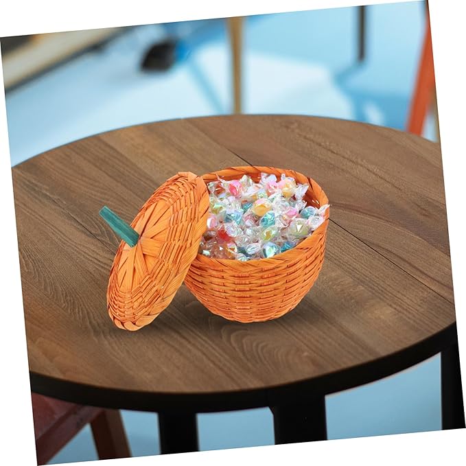 LABRIMP Woven Pumpkin Shaped Decorative Storage Basket with Lid Multi Purpose Organizer for Candy Eggs Sundries and Fruit for Home and Desktop Use