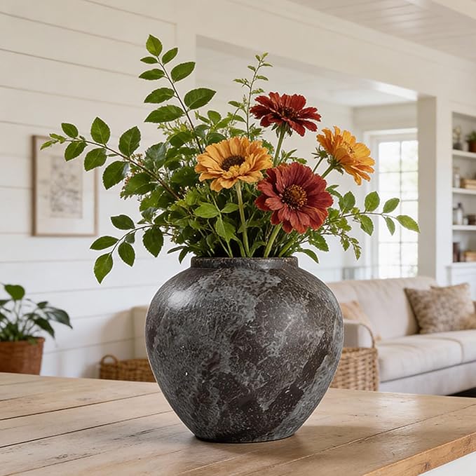 Large Rustic Black Stone Vase Home Decor - 8.8 in Ceramic Vintage Farmhouse Vases for Decor, Decorative Terracotta Round Clay vase for Living Room, Table, Shelf, Kichen Décor