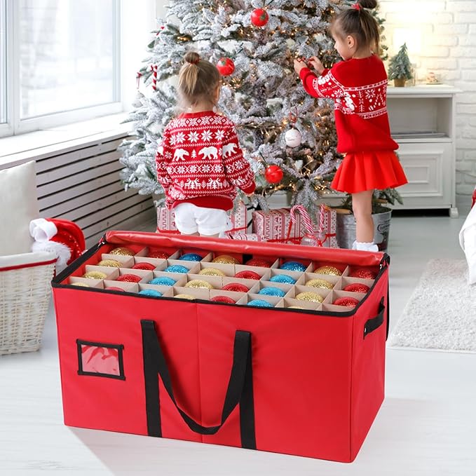 Lambada Christmas Ornament Storage Box, Durable Christmas Storage Container with Adjustable Dividers, Xmas Decorations Organizer – Fits 128 Holiday Ornaments 3 inch – Tear-Proof Fabric (Red)