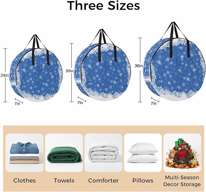 Christmas Dreamlike Round Storage Bag 36 Inch, Winter Snowflake Blue Background Clothes Storage Container with Handles Heavy Duty Organizer for Comforter, Bedding & Holiday Wreaths