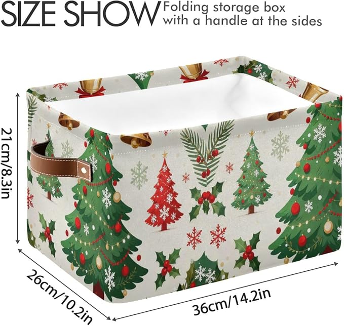Christmas Storage Baskets with Handles, Decorative Collapsible Fabric Bins for Home Organization, Holiday Tree Pattern, 14.2x10.2x8.3 Inches