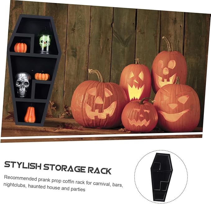 GALPADA Spooky Coffin Shelf Gothic Decor for Halloween Display Multipurpose Coffin Shaped Holder for Parties and Storage Eerie Compartment Shelf for Unique Home Decor