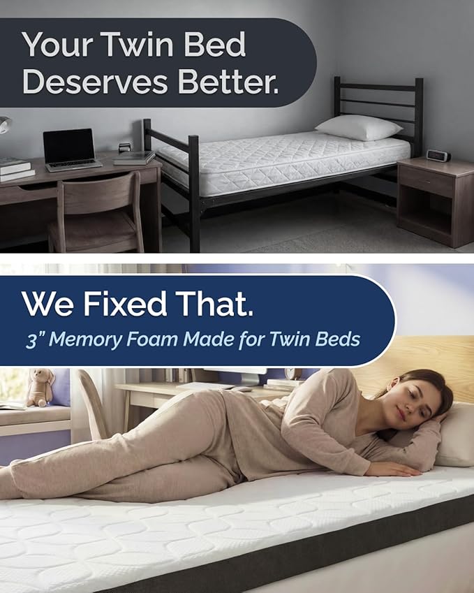 Memory Foam Mattress Topper with Cooling Cover - 3 Inch Cooling Gel Mattress Topper - Extra Plush, Thick & Comfortable - Twin Size Mattress Pad with Washable Cover - Pressure & Pain Relief Bed Topper
