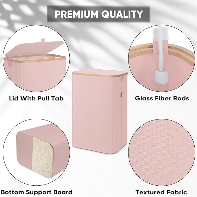 BALEINE Laundry Hamper with Lid, Tall Laundry Baskets with Bamboo Pull Handles, Large Laundry Bin with Internal Support (26 Gal/100L, Pink)