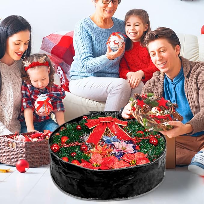 Wreath Storage Bag By Propik 24" - Garland Holiday Container Tear Resistant Material - Easy Storage Featuring Heavy Duty Handles And Transparent Card Slot 24” X 24” X 8” (Black)