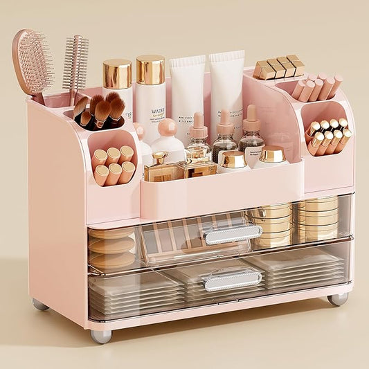 Makeup Organizer for Vanity with 2 Large Drawers, Cosmetic Display Case with Brush Holders, Easy to Storage for Bathroom Countertop Skincare, Perfume, Pink