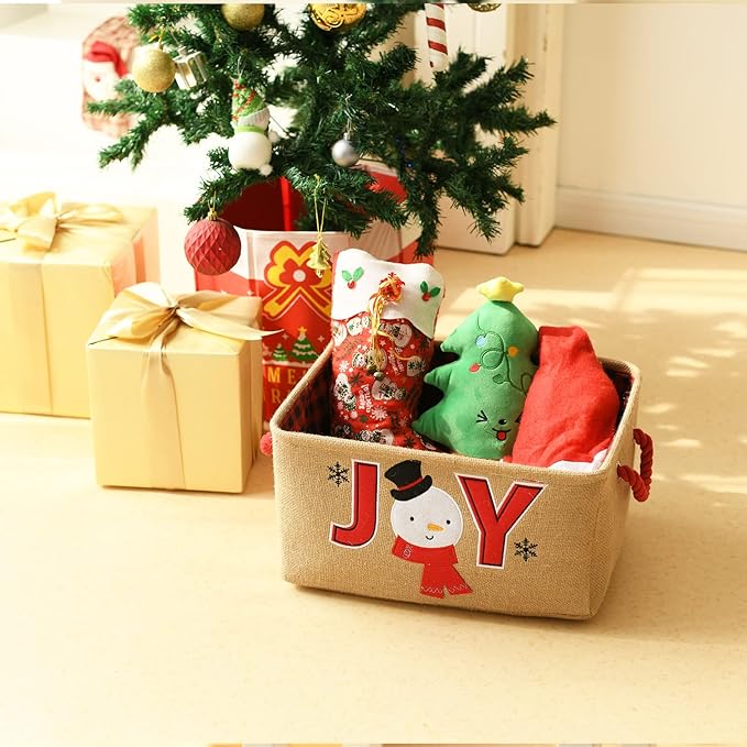 INough Gift Basket Empty Large Christmas Basket Christmas Empty Christmas Gift Baskets with Handles Collapsible Christmas Storage, Holiday Gift for Kidsroom Nursery Play Room (Large, Joy)