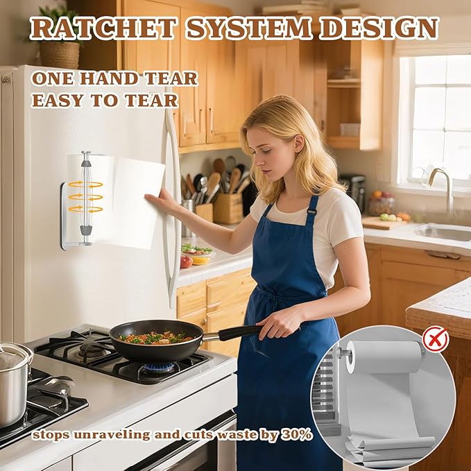 Swaitee Magnetic Paper Towel Holder for Fridge - No Drill, One Hand Tear with Ratchet Mechanism, Silver, Self-Adhesive & Wall Mount for Kitchen, RV, Garage