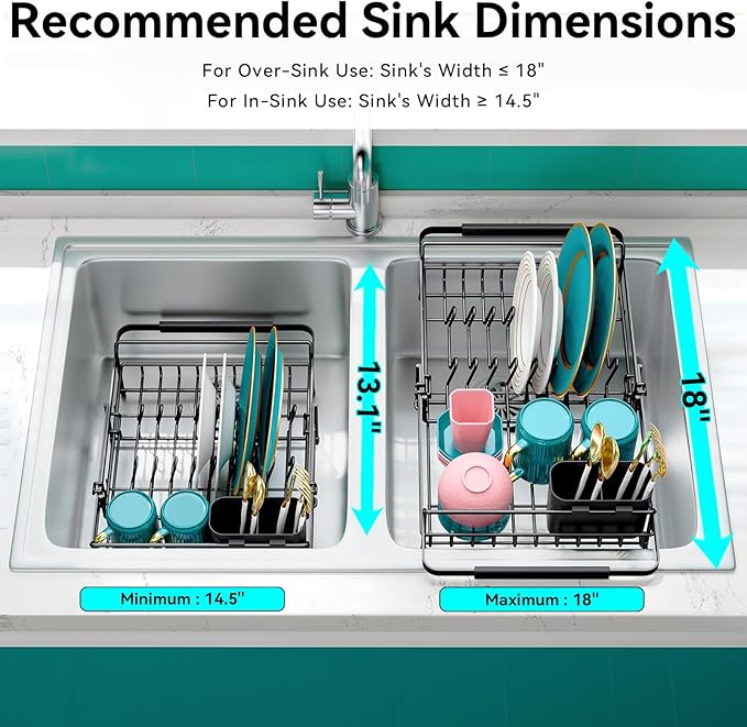 Urackify Expandable in Sink Dish Drying Rack - Adjustable Dish Rack Over Sink, Rustproof Dish Drainer for Kitchen Counter, Dish Strainer with Utensil Holder, Fit Kitchen for 13"-18"