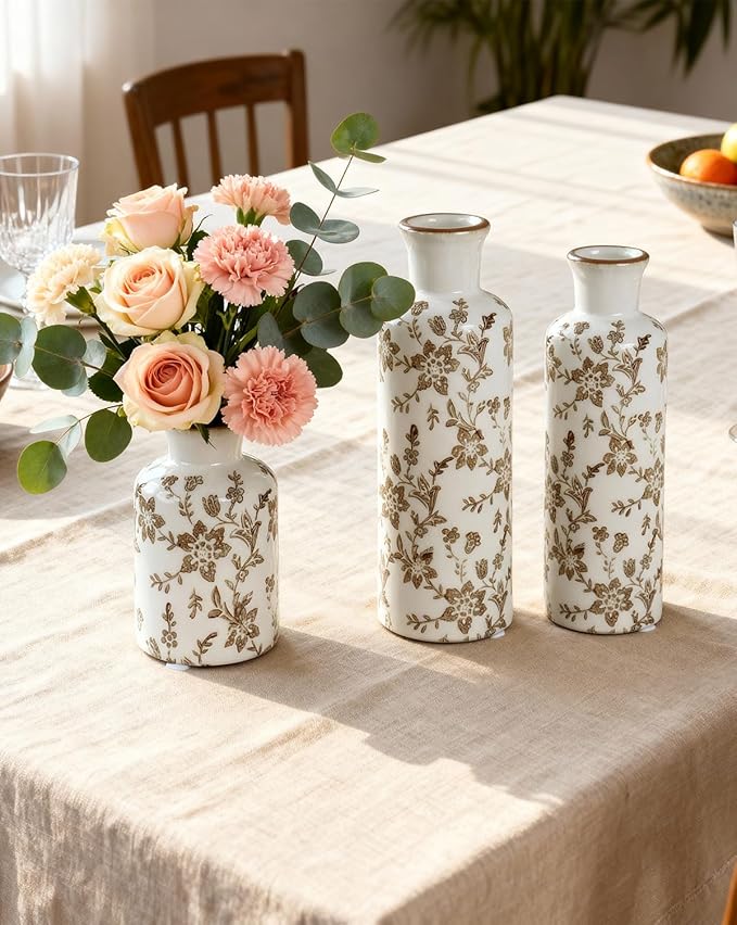 Ceramic Vase Set of 3, Vintage Ceramic Flower Vases, Crackle-Glaze & Distressed Rim, Brown Botanical Pattern, for Home Decor, Living Room Mantel & Dining Table Centerpiece