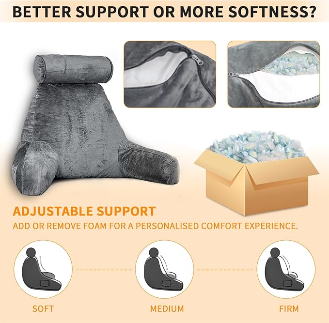 Reading Pillow for Sitting in Bed with Detachable Neck Roll & Big Bed Backrest Pillow Back Support Pillow Chair Pillow with Washable Cover for Adult with Arms and Side Pocket Shredded Foam