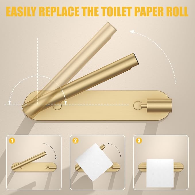 BESy Adhesive or Screw Toilet Paper Holder Wall Mount Rustproof Modern Roll Holder Flexible Pivoting Adjustable Tissue Handle with Self Adhesive or Mounted with Screws Stainless Steel Brushed Gold