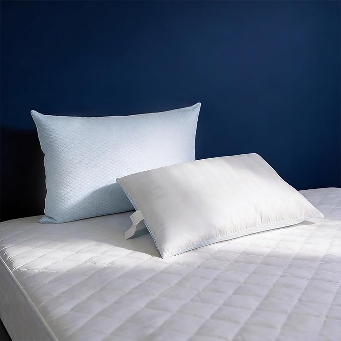 Blue Ridge Home Fashions Luxury Hotel Quality Cooling Pillows Queen Size Set of 2, Soft Medium 500 Thread Count Damask Stripe Embroidered 100% Cotton Cover, Down Alternative