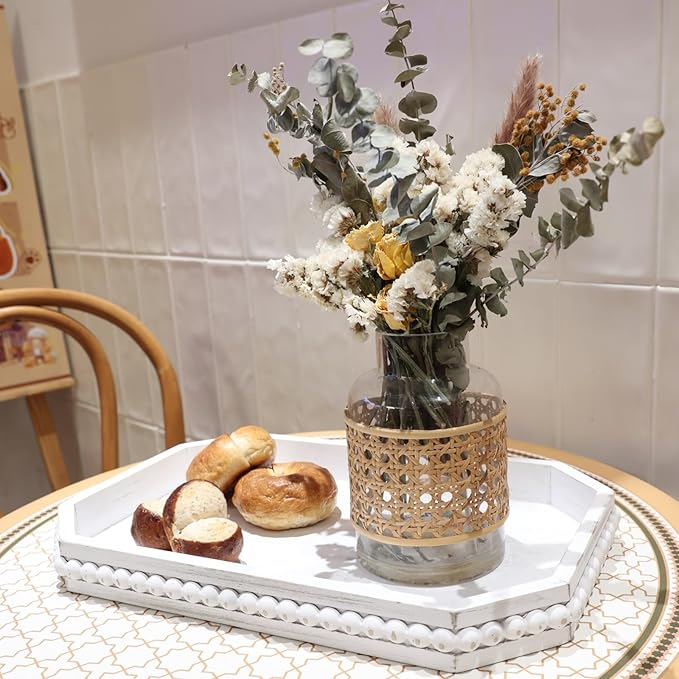Hrastany Whitewashed Wood Serving Tray with Beads, Farmhouse Decorative Tray for Table Centerpiece, Christmas Wedding Halloween Home Decor