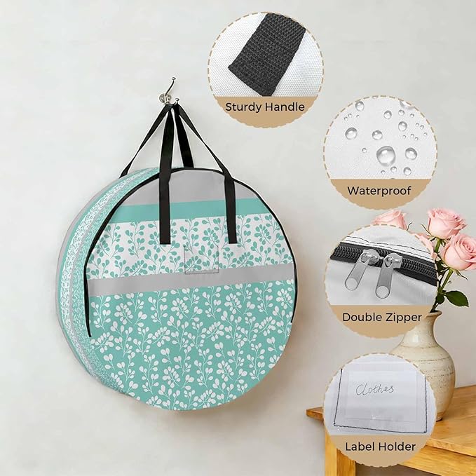 Storage Bag Aqua Grey Leaves Round Storage Totes Bins Closet Organizers with Zippers & Handle Stitching Stripes Clothes Storage Container for Bedroom Dorm Space Saving Packing Supplies Moving Bags