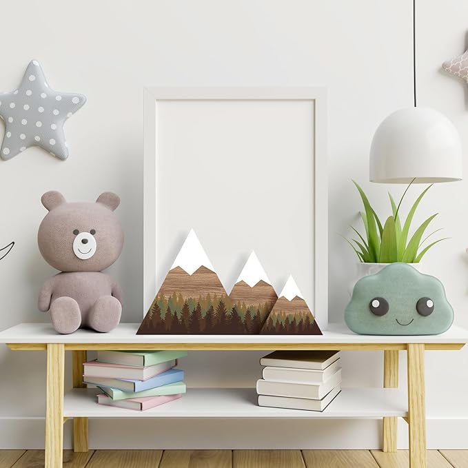 Maitys 3 Pcs 3 Size Mountain Shelf Decor Mountain Wooden Sign Farmhouse Wood Forest Sign Woodland Nursery Decor Travel Adventure Table Centerpiece for Home Farmhouse (Brownish)