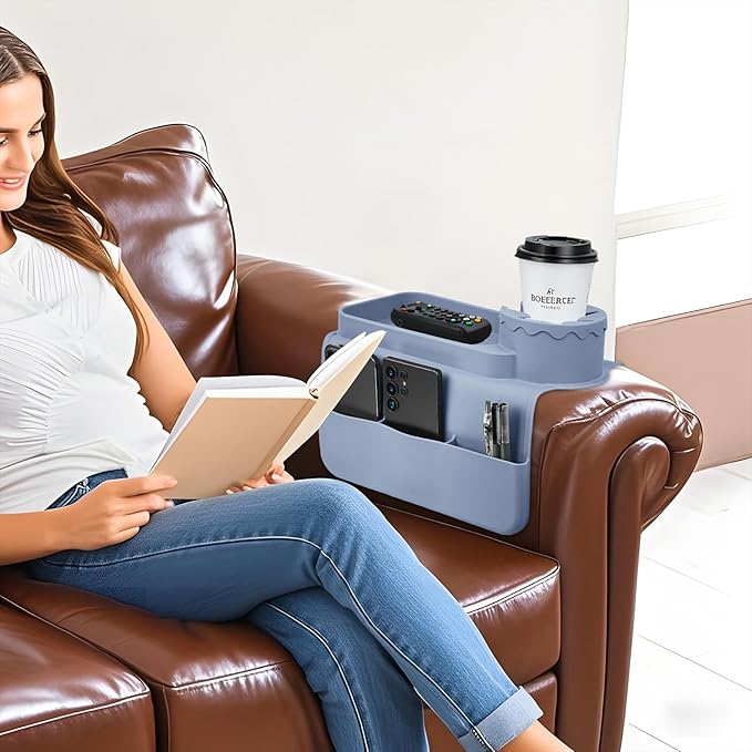Silicone Couch Cup Holder Tray, Dirt-Resistant Silicone Couch Arm Tray for Remote, Anti-Spill Cup Holder and Anti-Slip Sofa Caddy for Snacks, Cellphone and iPad (Light Gray)